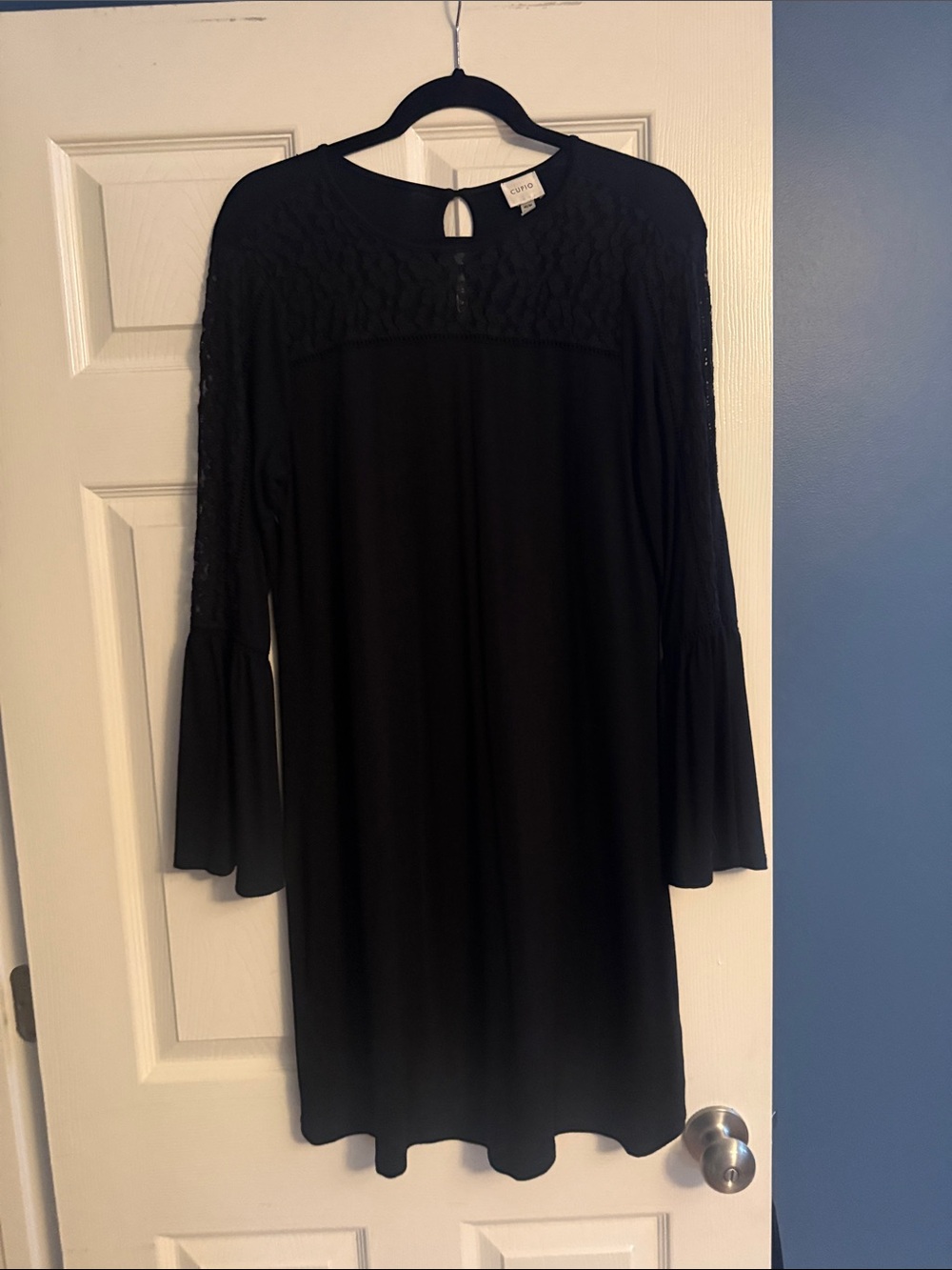 Cupio Black Lace Yoke Bell Sleeve Shift Dress